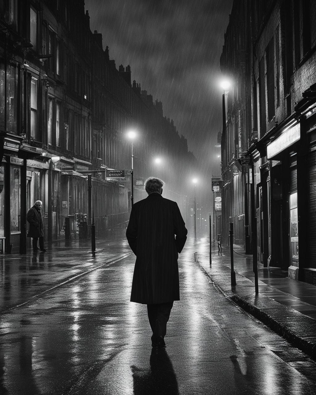 A man walking down a rainy street.